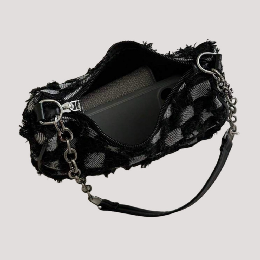 Checkerboard Chain Shoulder Bag - Black & Gray - Picture 5 of 7